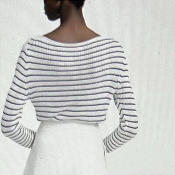Theory Striped Boatneck Pullover Sweater Top Size Medium Ribbed Stretch Viscose - Picture 1 of 8